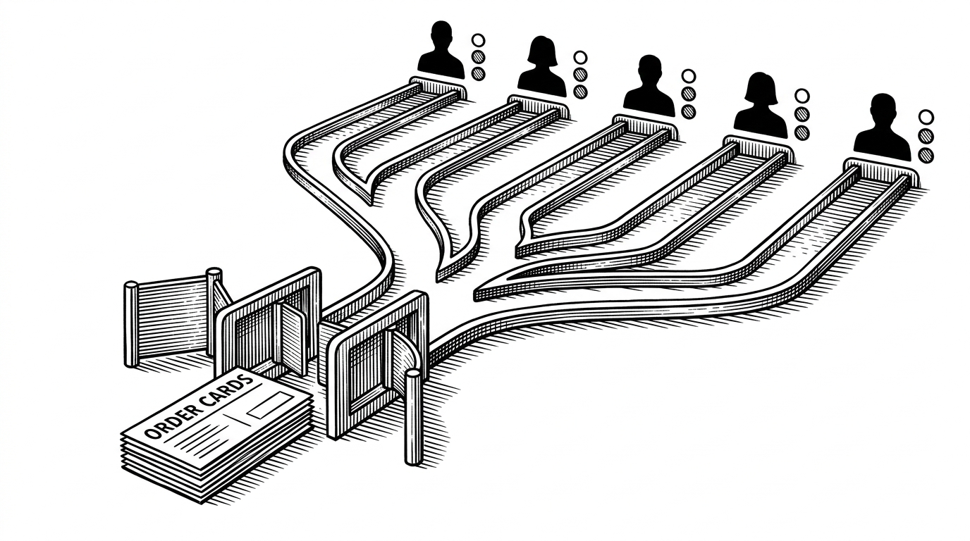 A courier control room rendered like an analog machine, with order cards entering rotating gates and splitting into parallel delivery tracks. The image explains that this system treats logistics as controlled fan-out, where one order becomes many validated operations instead of a single CRUD record.