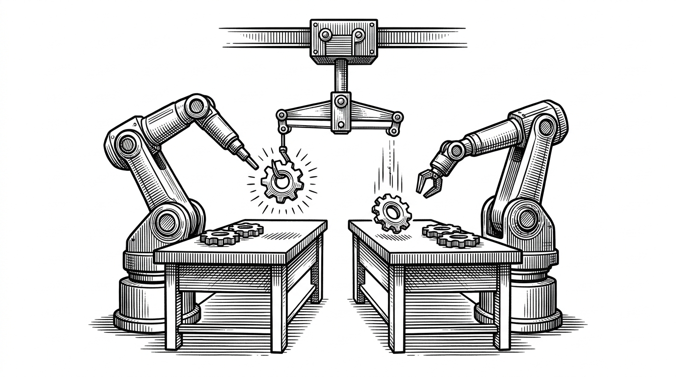 Two distinct robotic arms working at separate, side-by-side workbenches. A mechanical sorting overhead crane takes a single glowing gear from the left workbench and drops it onto the right workbench.
