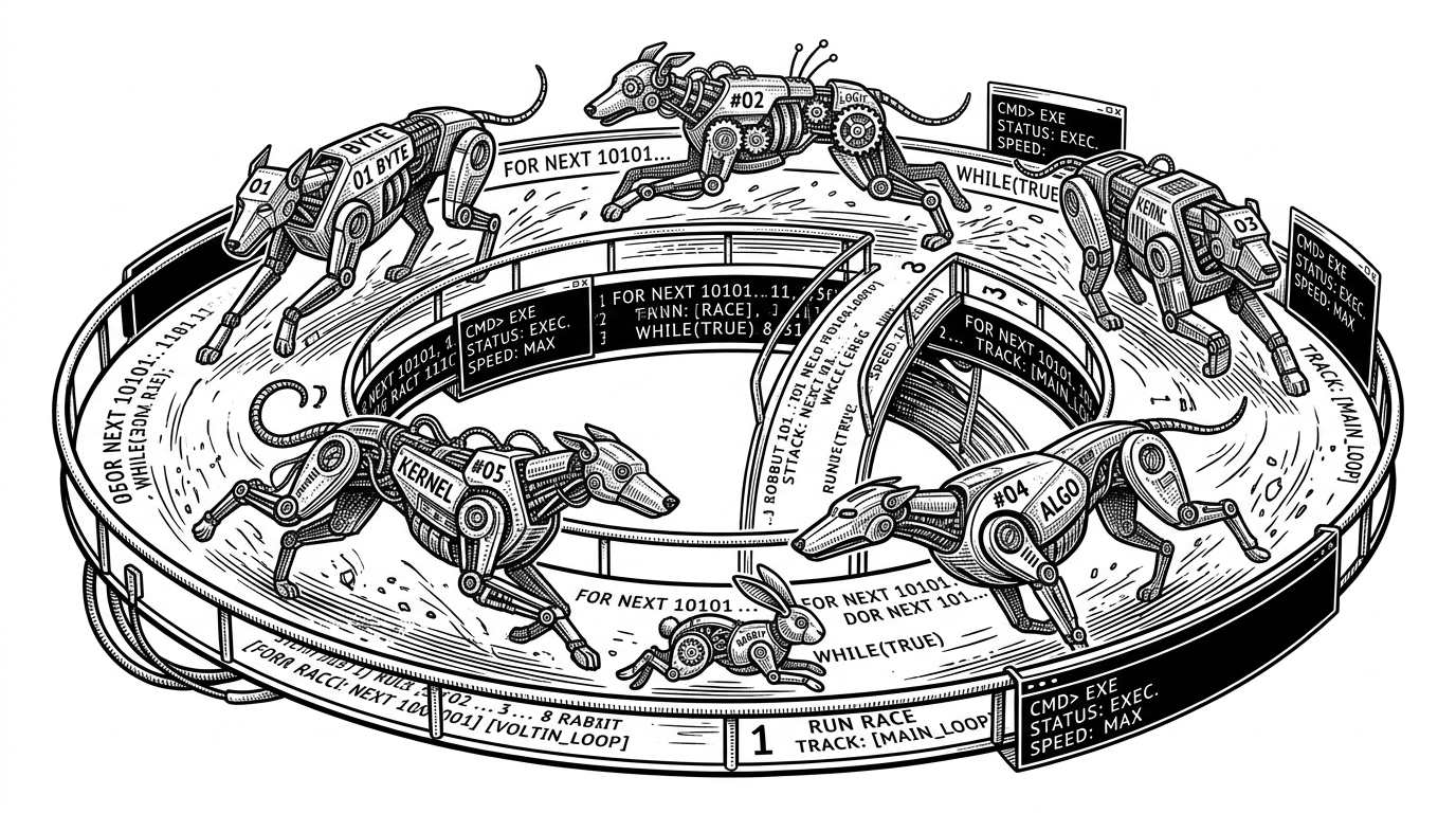 A mechanical greyhound race track where metallic dogs of different designs chase a mechanical rabbit. The track is built from overlapping rings of code and terminal windows, representing the parallel execution of multiple LLMs.