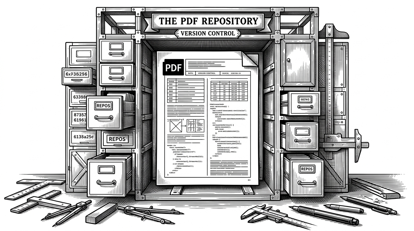A wide archival scene where a single PDF page sits inside a GitHub-like frame, treated like the main exhibit rather than a file attachment. It explains the article’s central idea: GitHub can function as a public display case for a finished portfolio artifact.