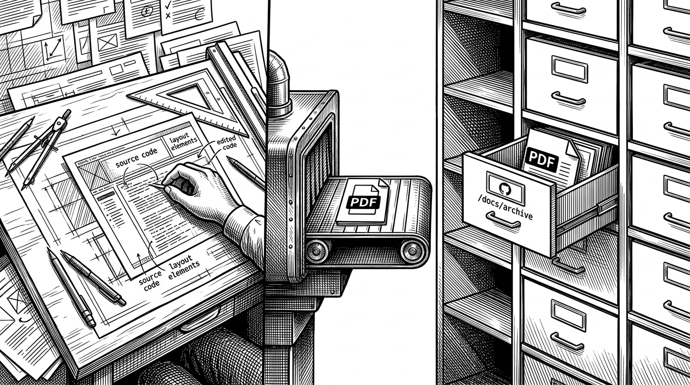 A close-up publishing pipeline shows design tools on the left, a sealed export path in the middle, and a GitHub repository shelf on the right. It explains that the source work happens elsewhere and GitHub only receives the finished PDF.