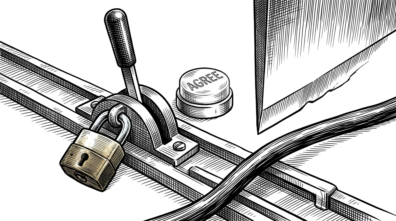 A heavy industrial iron killswitch lever tightly padlocked to a metal track. A severance blade hovers over a power cable next to a glowing button labeled AGREE. This visualizes the Accept-or-Die remote policy.