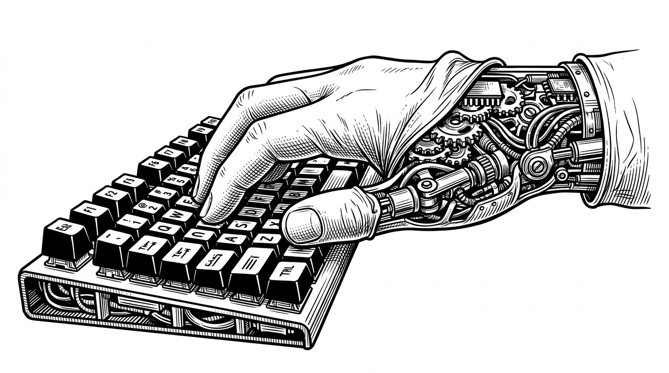 A close-up of a hand resting on a mechanical keyboard. The skin on the wrist is peeling back like a latex glove, revealing intricate metal gears and robotic joints beneath. This illustrates the Undercover Mode designed to mask AI agents as human developers.