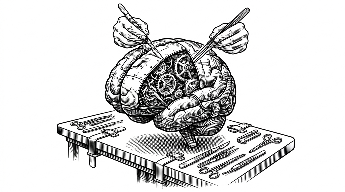 A glowing mechanical brain on a surgical table being dissected by invisible hands, revealing dense gears. This represents the forensic reverse-engineering of the Claude Code architecture.