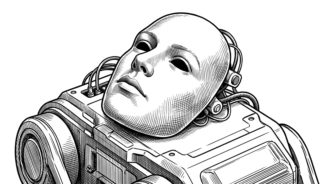 A hyper-realistic human face mask resting slightly askew on a heavy robotic chassis, revealing cables underneath. This visualizes the undercover script designed to hide AI authorship.