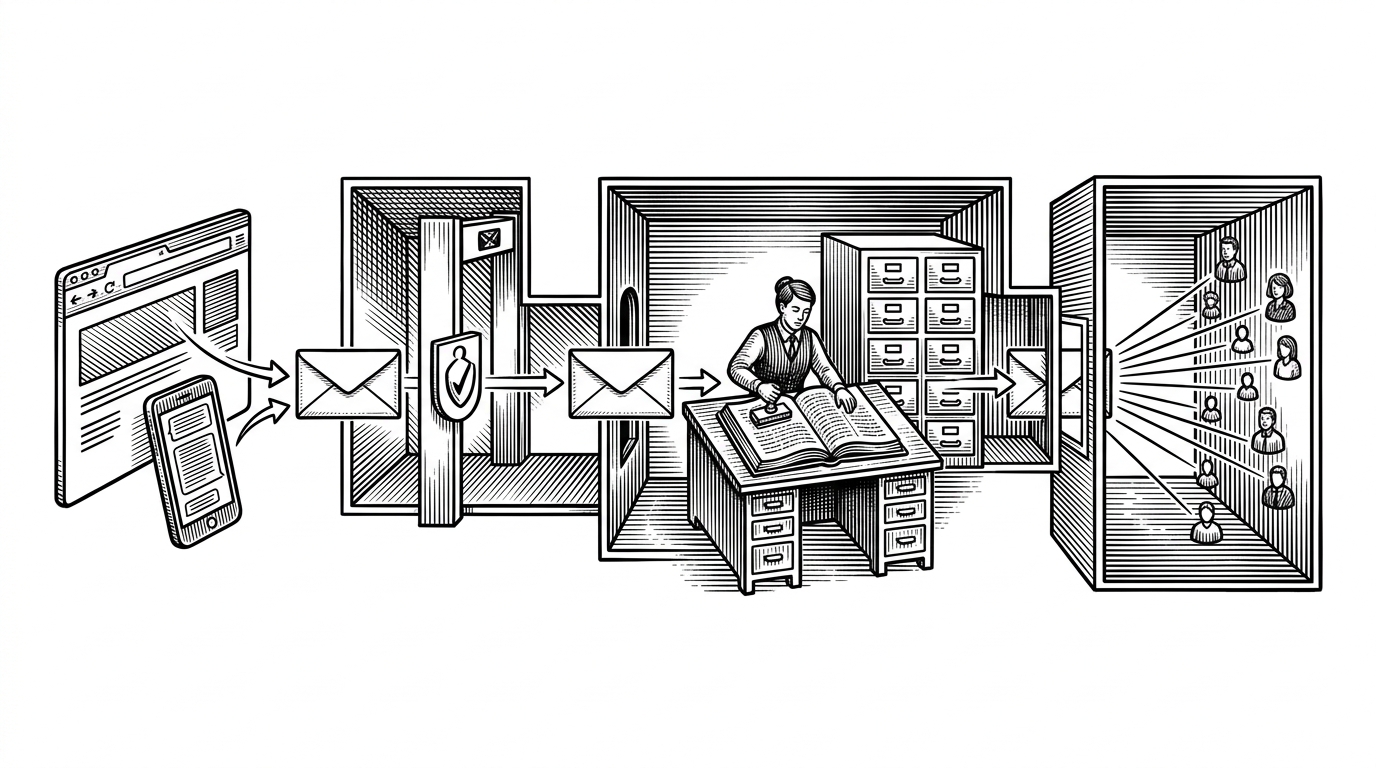 A sealed message travels through three chambers: a security gate, a ledger desk, and a broadcast room. The image explains that EchoChat treats authentication and persistence as prerequisites, not afterthoughts, before a message reaches other users.