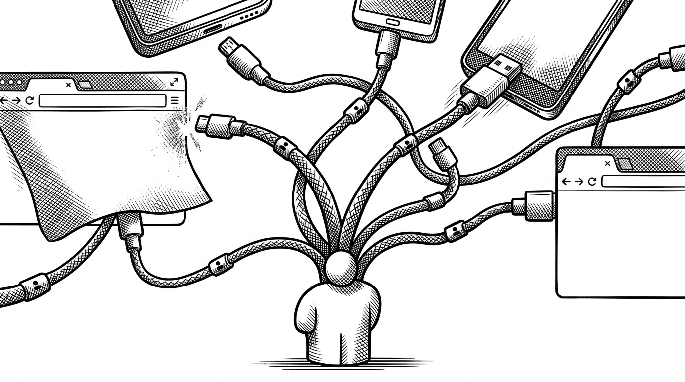 Several sockets branch from one user node into multiple tabs and devices. One path reconnects, another disconnects, and the user identity stays stable because presence is tracked as a set of sessions instead of a single online value.
