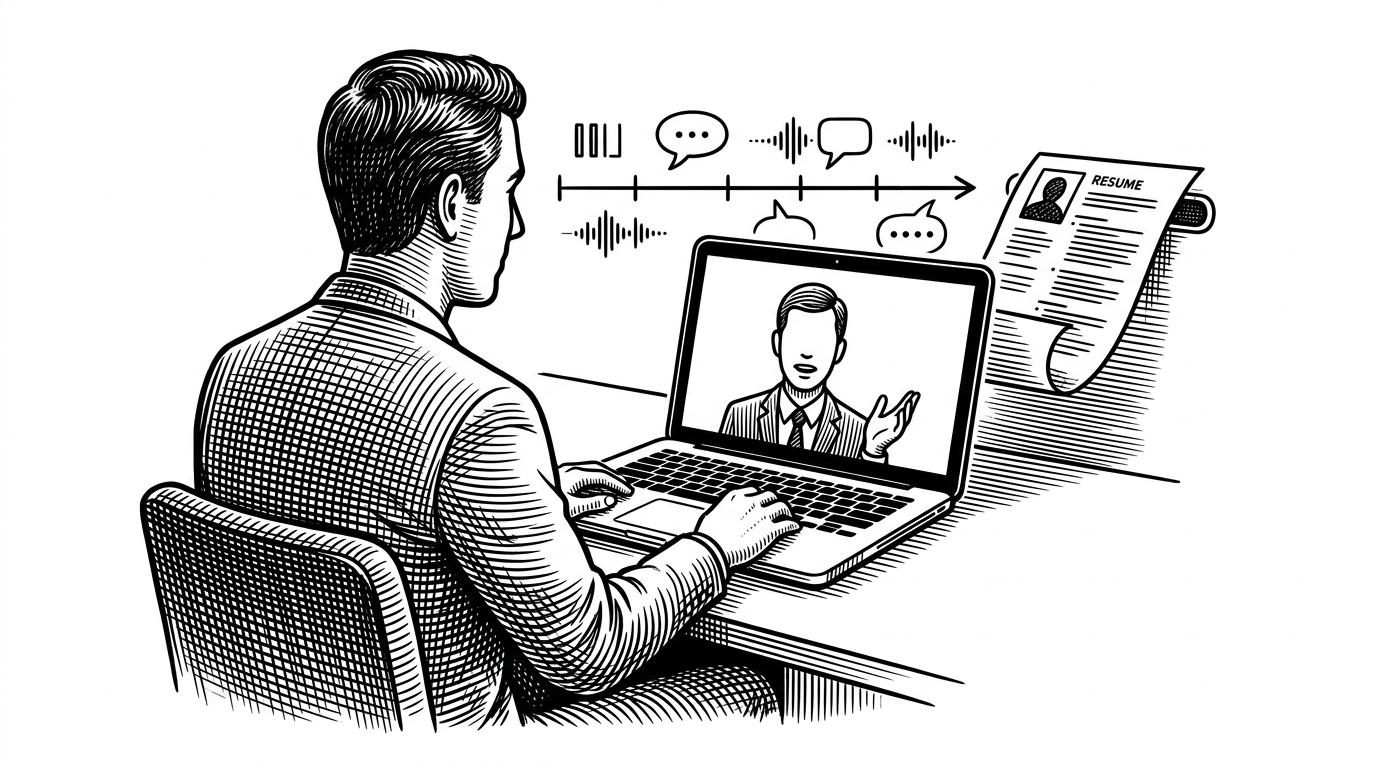 A candidate sits at a desk facing a laptop with a talking-head interviewer on screen. Behind the screen, a visible trail of waveform marks, pauses, and speech bubbles suggests the system is choreographing timing and voice to create the feeling of a live conversation. A resume page feeds into the scene like input to a machine.