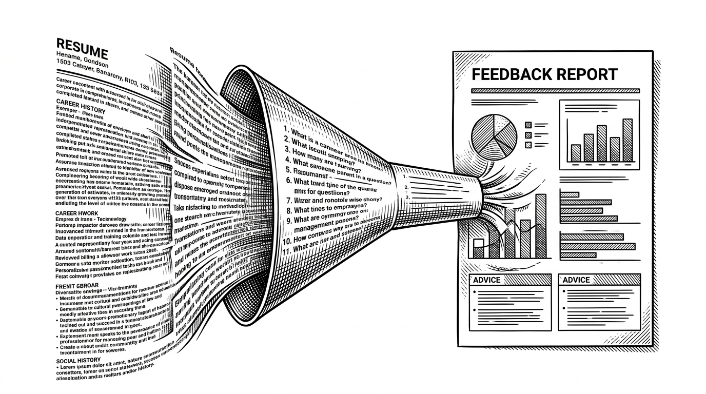A dense resume page enters a funnel in the center of the image and exits as a numbered question list and a polished feedback report. The left side is crowded with text, the middle narrows into a parsing gate, and the right side opens into a score sheet with charts and advice blocks.
