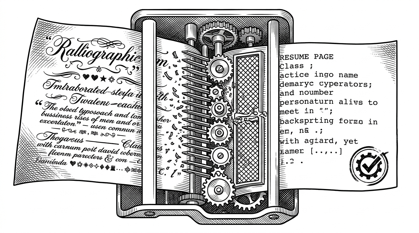 A close-up shows a resume page passing through a narrow conversion press. On the left, the page contains elegant typography and special Unicode characters. In the middle, tiny blades and filters strip out smart quotes, em dashes, and invisible characters. On the right, the page emerges as a clean ATS-safe document. The image explains how the repository preserves design for humans while normalizing text for machine parsers.