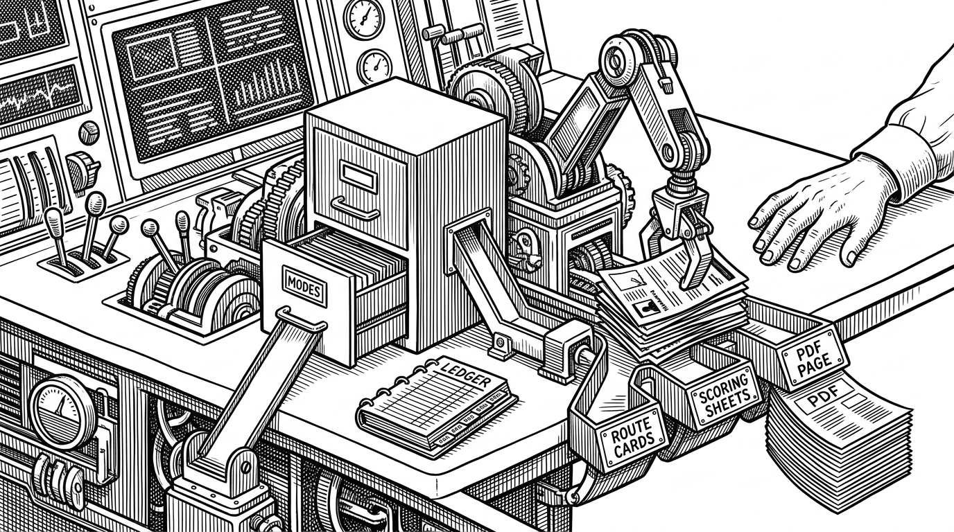 A wide editorial scene shows a human hand near a control desk while a mechanical arm sorts job listings, scoring sheets, and a PDF page. A file cabinet labeled modes feeds the workflow, with a ledger beside it to suggest memory and tracking. The image explains how the repository acts like an operating system for an agent rather than a simple job-search app.