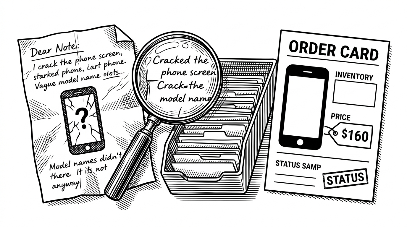 A crumpled repair note on the left is transformed into a neat structured order card on the right. The image explains how Jacobo cleans noisy human language, matches it against inventory and price data, and avoids guessing.