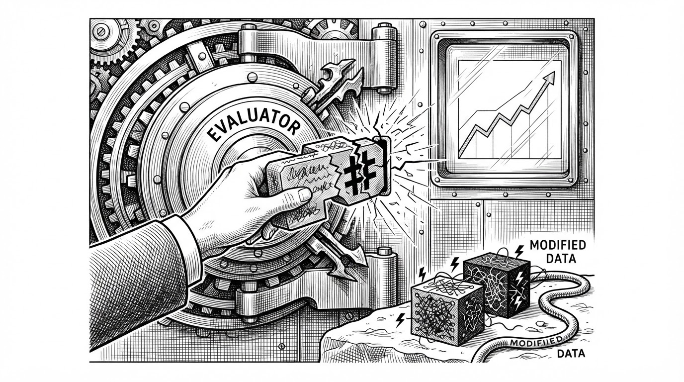 A close-up vault mechanism protects a simulation core. A hand tries to replace part of the model, but a hash seal blocks the swap. Outside the vault, forbidden tool blocks sit behind a boundary line, while a rollout graph continues safely inside. The image explains how PRAXIST keeps evaluation immutable and makes cheating structurally difficult.