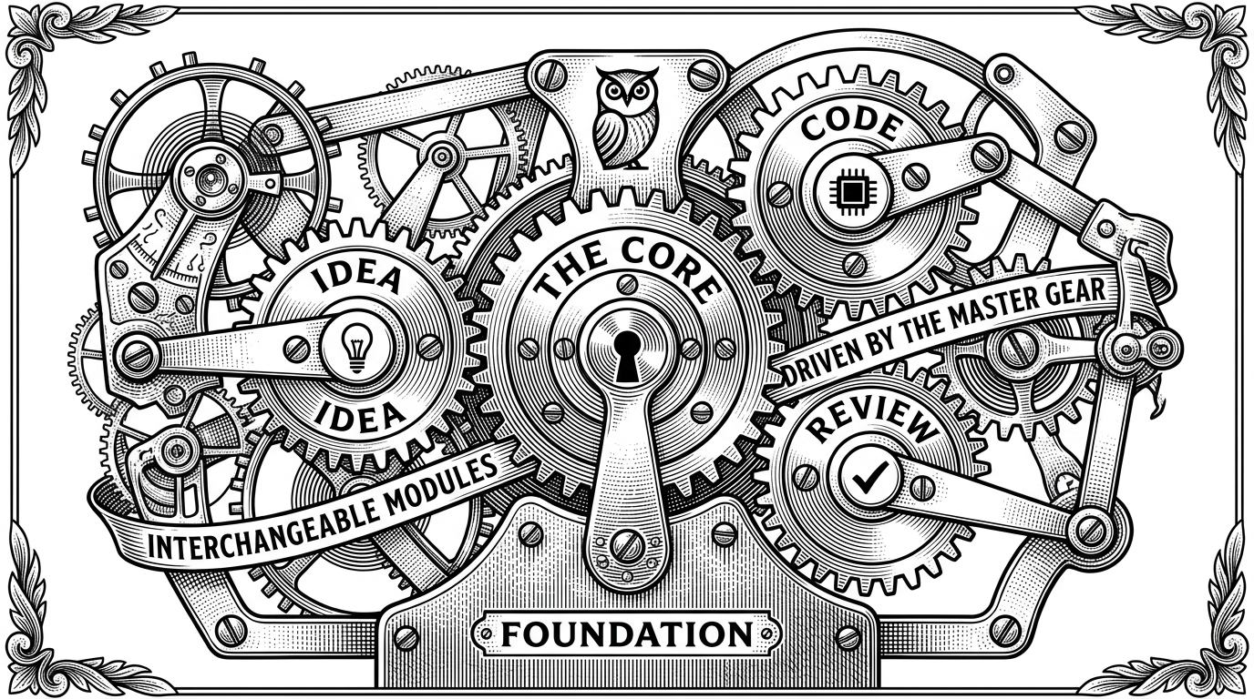A mechanical clockwork mechanism with a single master gear permanently riveted into the baseplate. This illustrates the auto-seeding admin logic that gives the system a secure starting point.