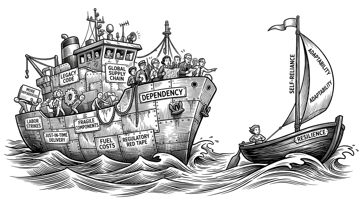 A massive, bloated cargo ship patched with dependency warnings is passed by a sleek, minimalist wooden skiff. This illustrates the contrast between legacy Node.js dependency hell and modern native-first stacks.