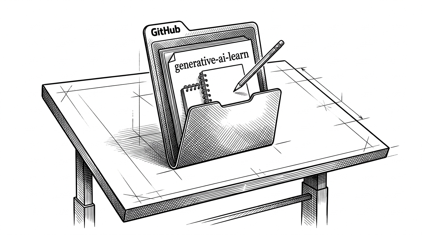 A blank drafting desk with an open repository folder and a single title page inside. An empty notebook and a hovering pencil suggest a curriculum that has been announced but not yet built, which frames the repo as intent before implementation.