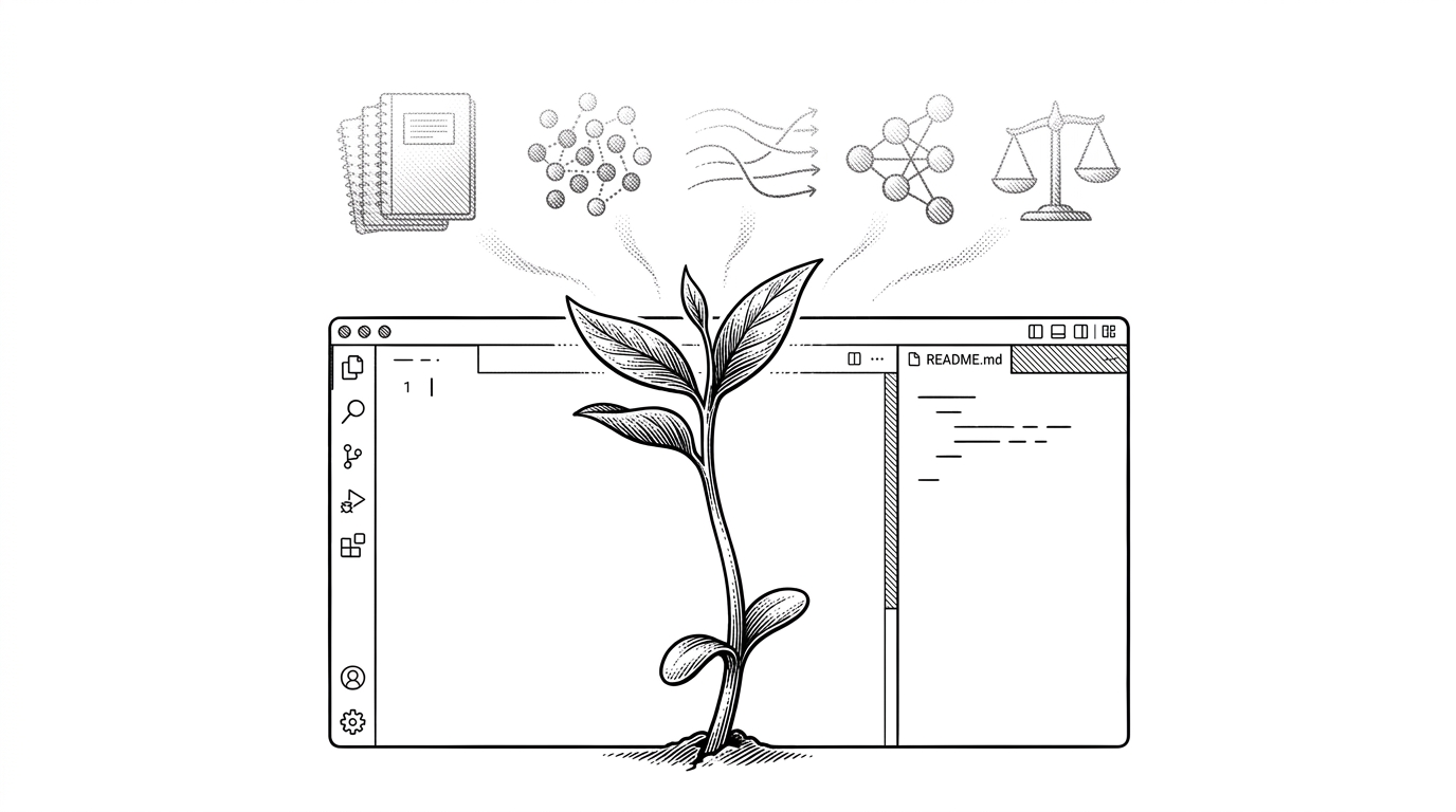 A tiny seedling grows through the bottom edge of a code editor window. One pane is mostly empty except for a README tab, while faint labels point to the likely next additions: notebooks, datasets, prompts, experiments, and evaluations. The image explains how a learning repo becomes a system one layer at a time.