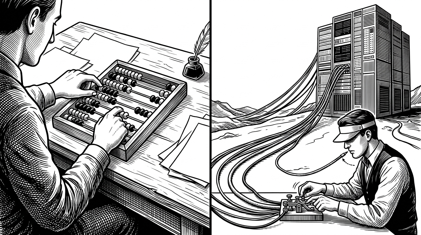A split-screen illustration. On the left, a person uses an abacus. On the right, a telegraph operator sends a message to a distant mainframe.