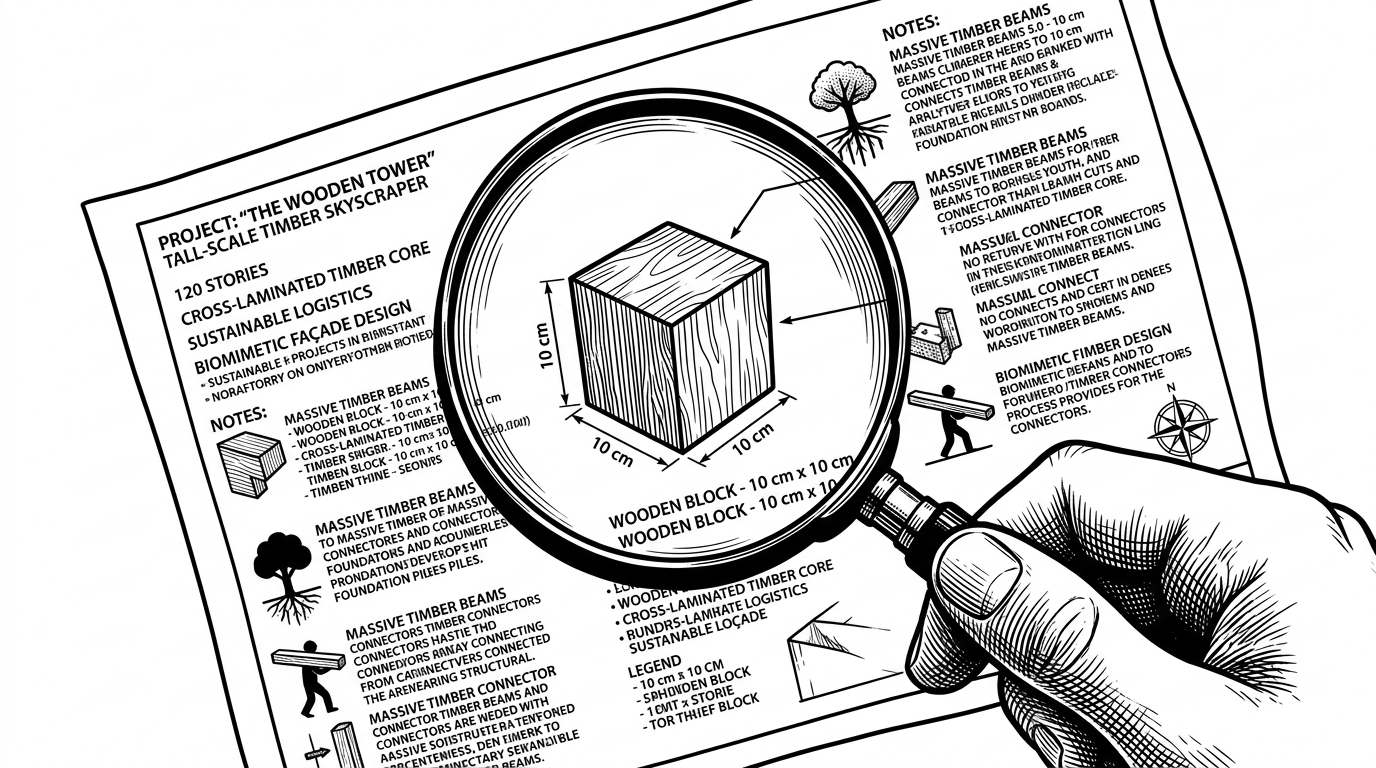 A magnifying glass held over a drafting blueprint showing a simple wooden block, but with complex skyscraper specifications in the margins.