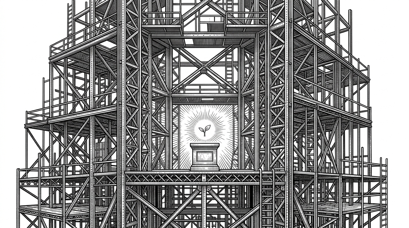 A massive steel scaffolding structure built around a single tiny seed on a pedestal. This illustrates the heavy infrastructure of Express set up for a single line of code.