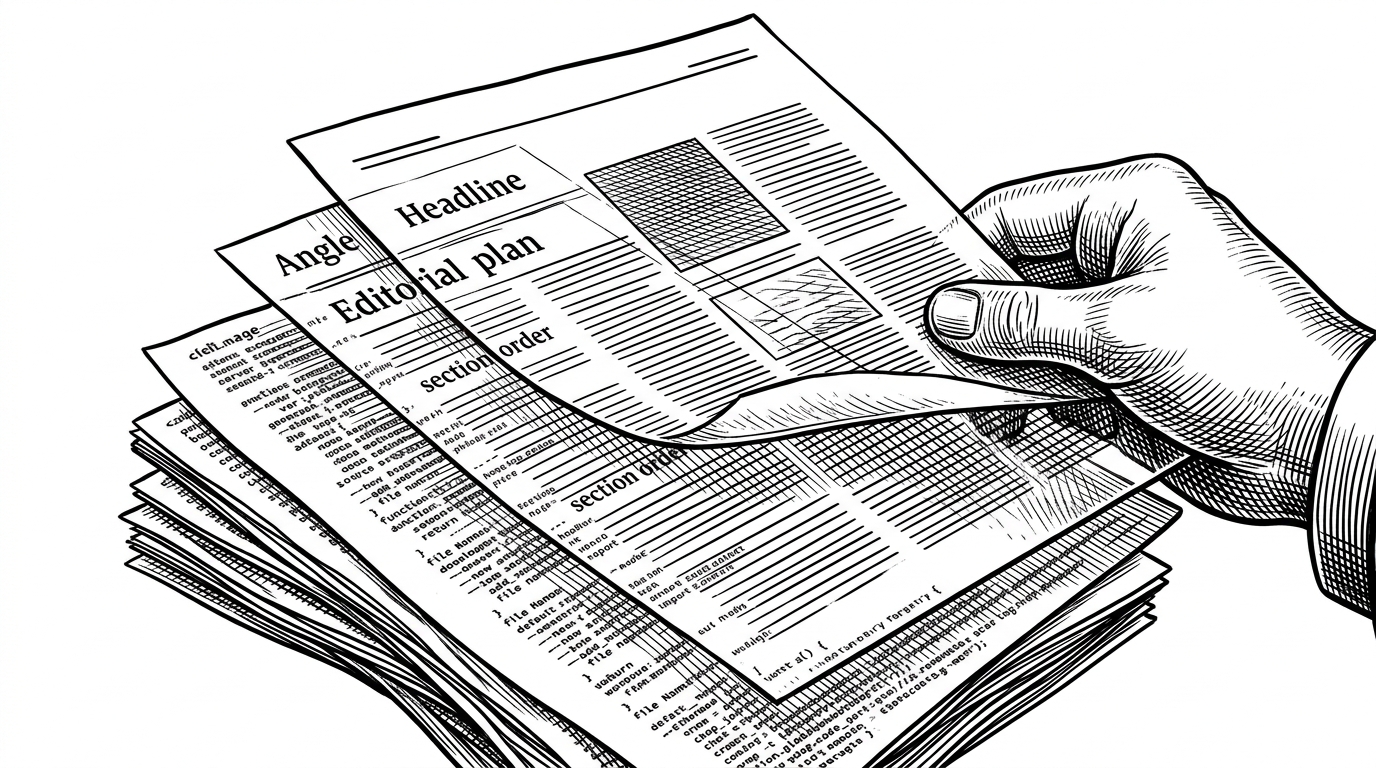 A close-up shows a transparent editorial plan sheet placed over a messy stack of code pages. The plan sheet has three visible layers for angle, headline, and story order, while the code beneath stays dense and noisy. The image explains how the system filters raw repository data into a structured article.