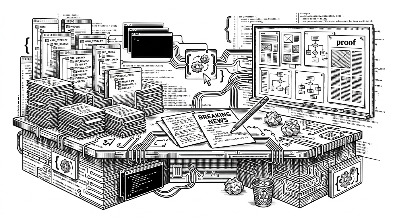 A wide editorial desk built from software artifacts. Source files and a repository tree sit beside handwritten notes, a red pencil, page layouts, diagrams, and a printed proof. The scene explains that this project treats a codebase like raw reporting material, then turns it into a polished article.