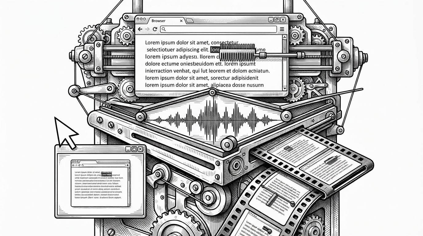 A close-up of a browser window acting like a print head. The page text is highlighted word by word while a waveform advances below it, and a camera frame and video strip sit in a tight mechanical loop. The image explains how live HTML becomes synchronized video output rather than a passive preview.