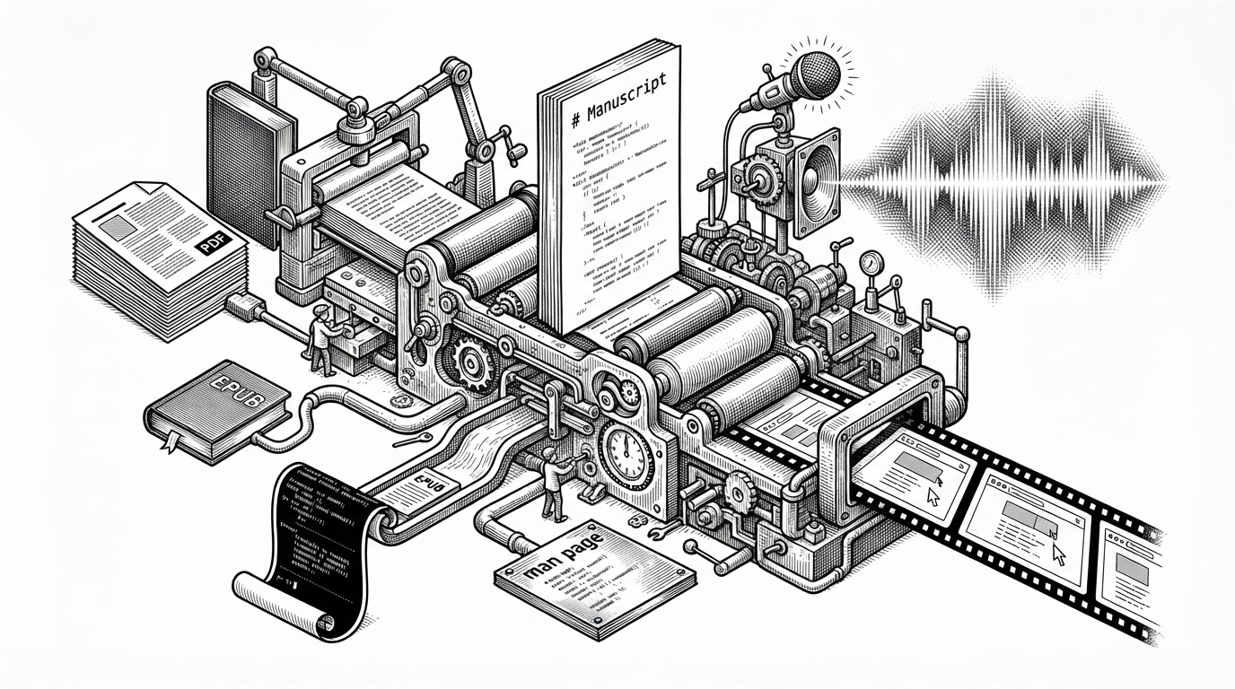 A single manuscript sits at the center of a mechanical print shop, splitting into several output paths. One path becomes a bound book and PDF pages, another becomes an audio waveform, and another becomes a strip of browser frames. The image explains the core idea that one source file can compile into many synchronized media artifacts.