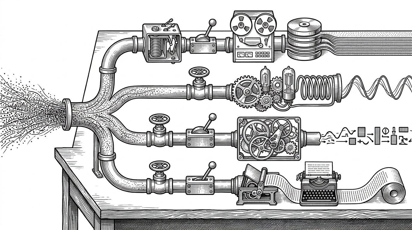 A close-up signal pipeline cutaway on a workbench. A dense stream of IQ samples enters from the left, then splits into multiple lanes for recording, demodulation, decoding, and transcription. The image explains how the software forks work instead of forcing one monolithic process to do everything.