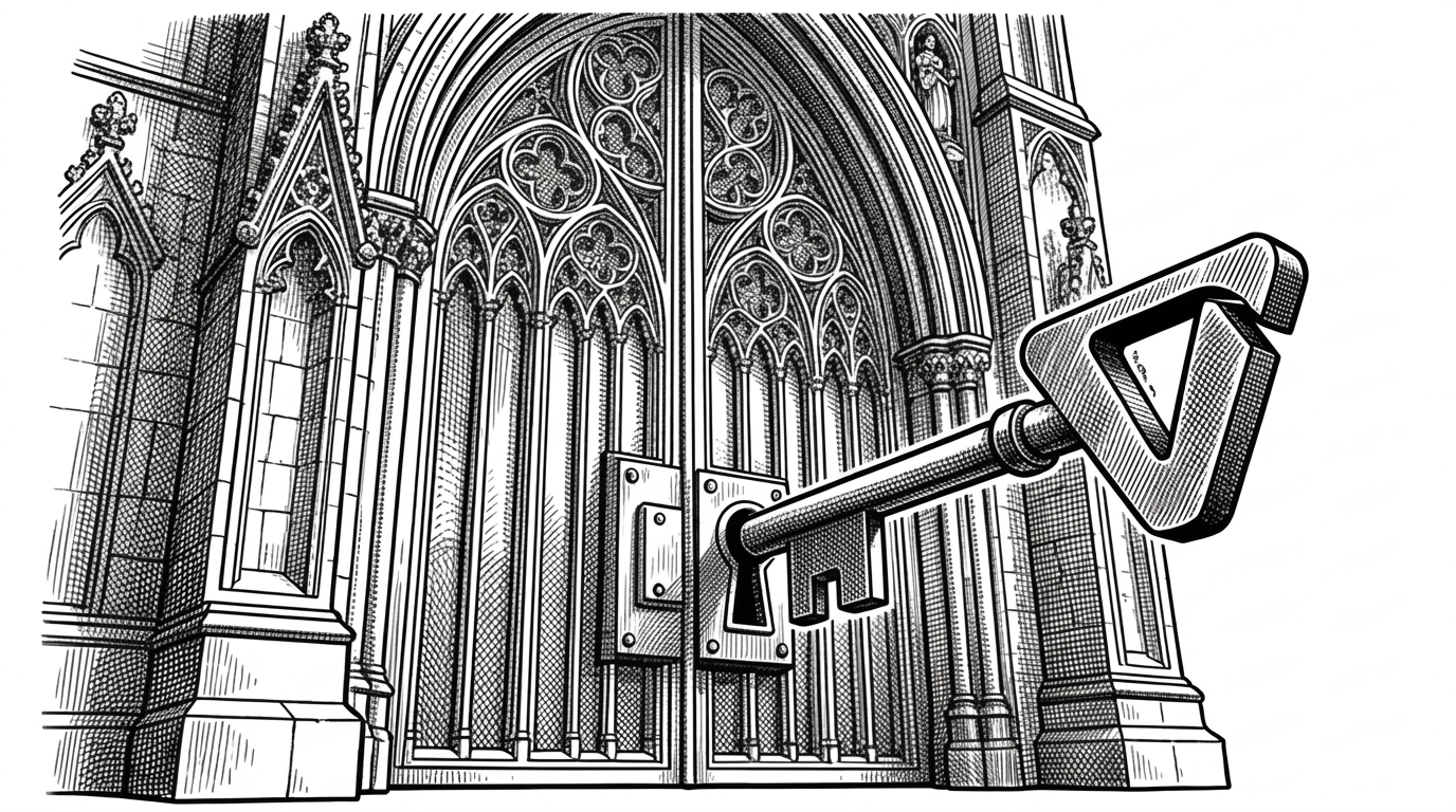 A heavy, brutalist skeleton key shaped like the Vulkan logo unlocking a massive, intricate Gothic stone gate.