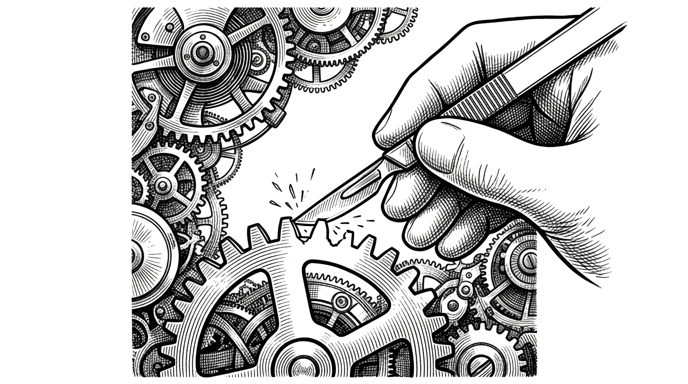 A surgeon's scalpel carefully altering a single metal gear tooth inside a dense, running clockwork mechanism.