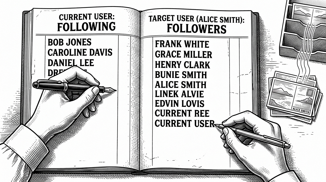 A close-up ledger scene shows one pen updating a following list and another pen updating a followers list at the same time. Nearby, a small stack of post cards is assembled from matched authors, showing how the same relationship data powers the feed.