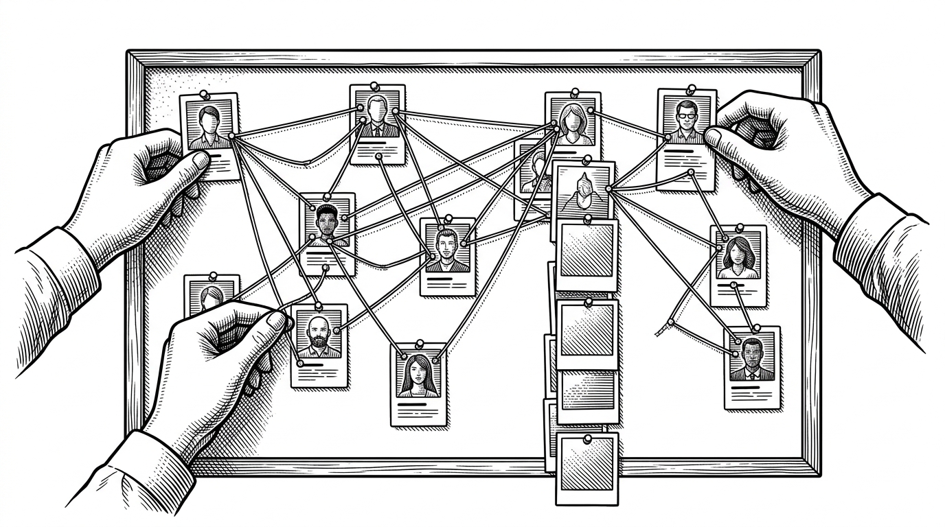 A wide editorial scene of profile cards pinned to a board, linked by taut strings that form a social graph. A feed column grows out of those links, showing how relationships become content delivery.