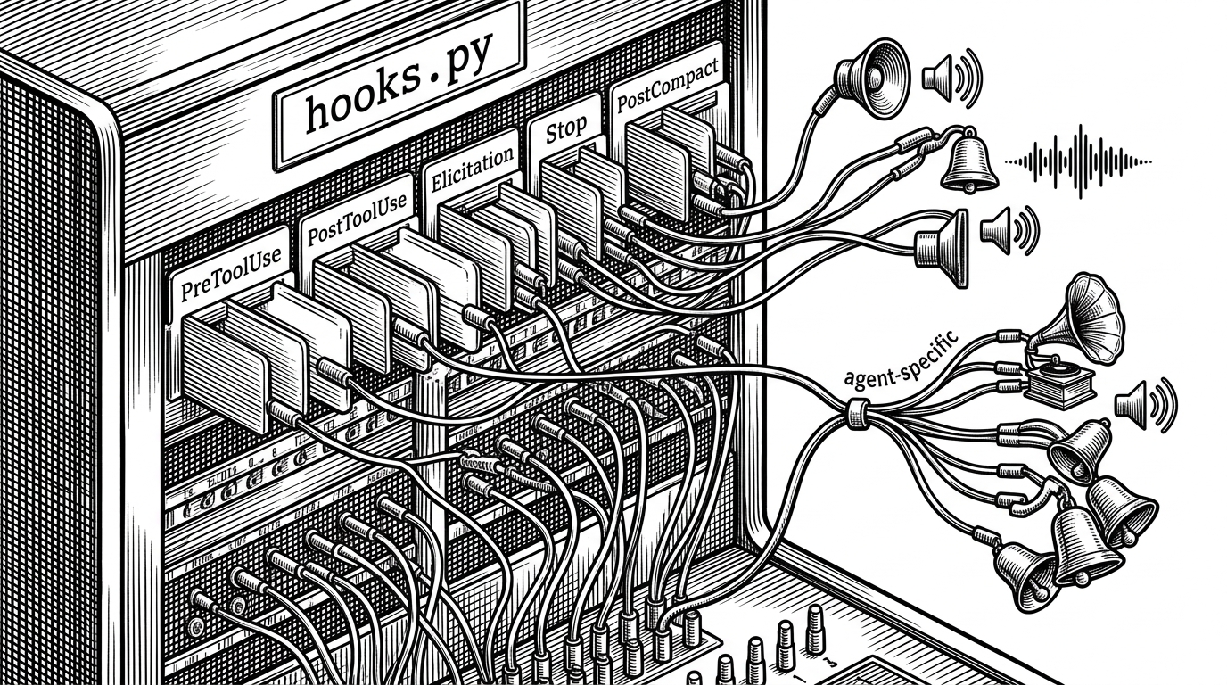 A close-up switchboard scene shows event cards like PreToolUse, PostToolUse, Elicitation, and Stop snapping into a dispatcher labeled `hooks.py`. Each branch routes to a tiny speaker or alert bell, and one path is reserved for agent-specific sounds. The image explains how the repo turns event handling into audio telemetry.