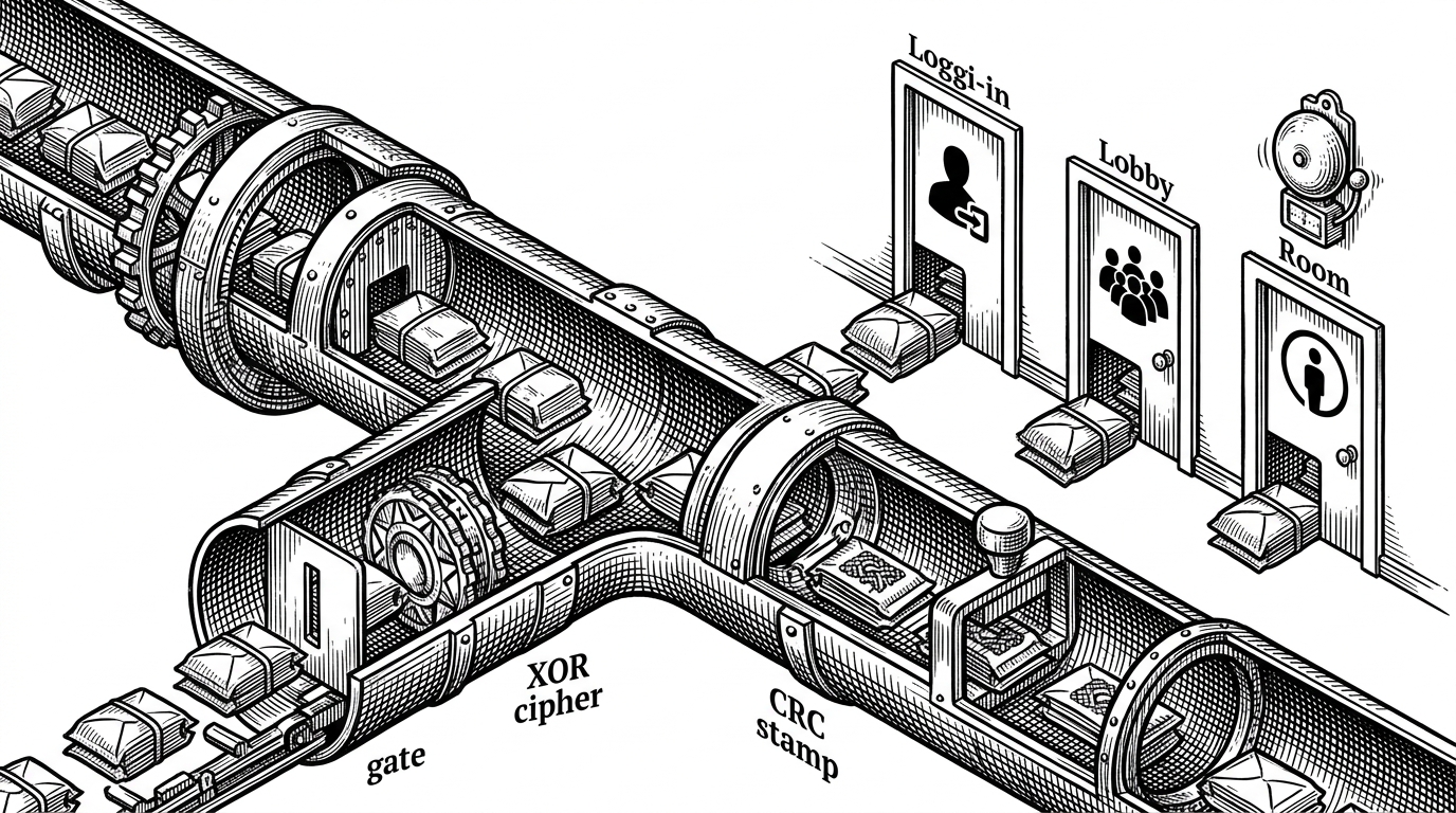 A close-up packet tunnel shows a raw stream passing through a length peek gate, an XOR wheel, and a CRC stamp before splitting into login, lobby, and room doors. A tiny timer bell above the room branch explains that the server also imitates client-facing timing, not just packet correctness.