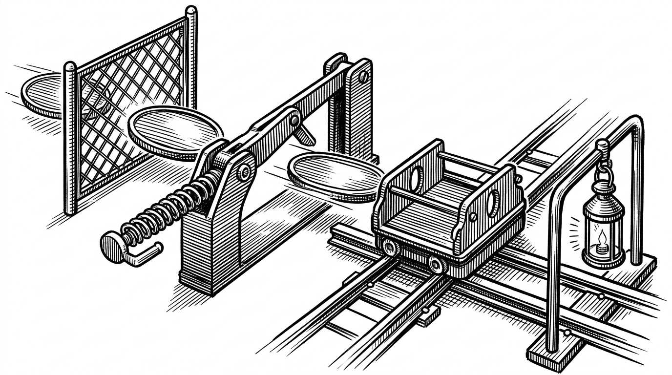 A close-up relay machine where a request passes through four physical checkpoints in order. Each checkpoint blocks or passes the action based on the available signal, and the final lantern is used only when earlier gates fail. The image explains why the system escalates trust rather than treating vision as the default.