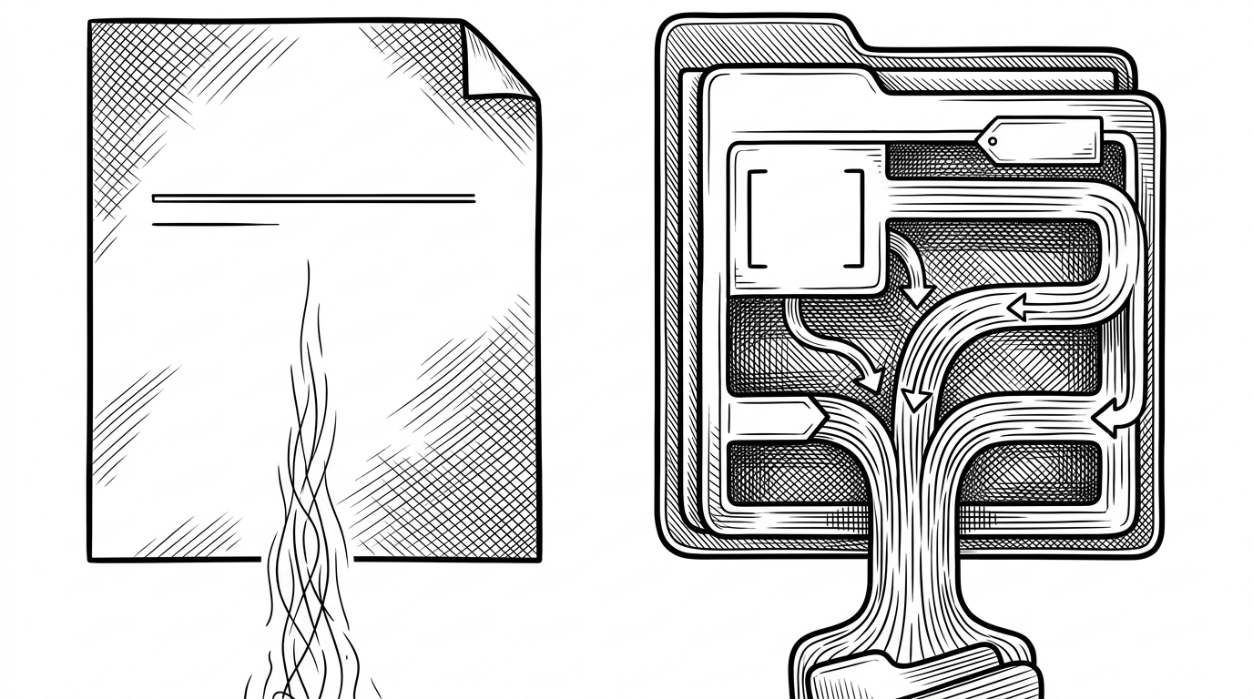 A close-up editorial illustration of two prompt files side by side. One is a flat instruction, while the other is structured into nested command, personality, and reasoning blocks connected by arrows. It explains why the repository favors layered structure over a single line persona prompt.