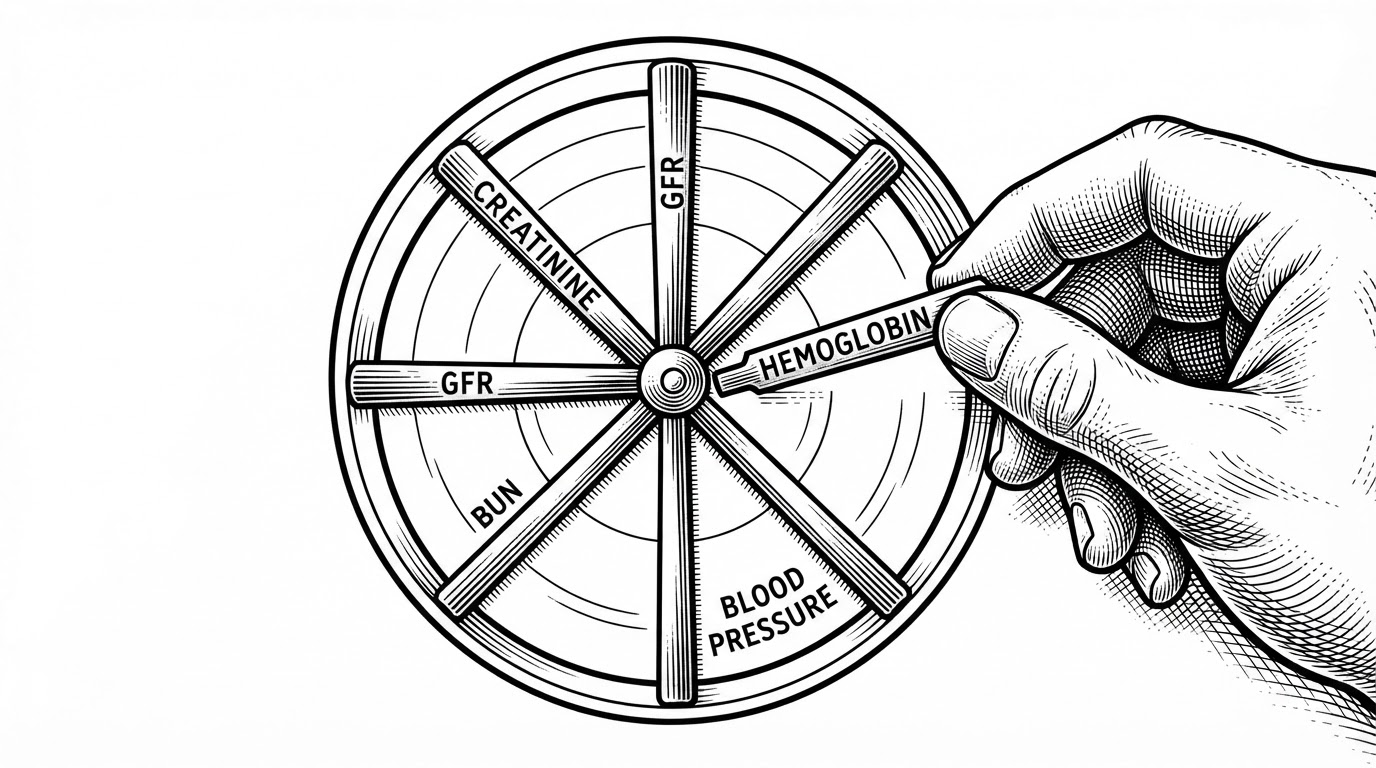 A close-up of a circular clinical chart being assembled from individual markers. Spokes labeled by lab values and vital measures lock into a radial shape, and the final spoke completes a readable kidney fingerprint. The image explains how the UI turns separate measurements into a single visual pattern.