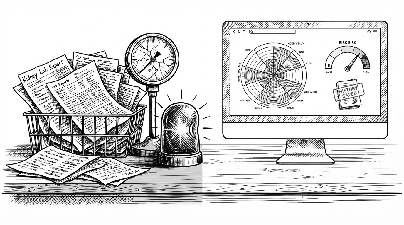 A clinician's desk split into two working zones. One side is cluttered with paper lab results, warning markers, and a stressed kidney symbol. The other side is a clean screen with a radial kidney chart, a risk gauge, and a saved-history ledger, showing how messy inputs become a readable decision workflow.