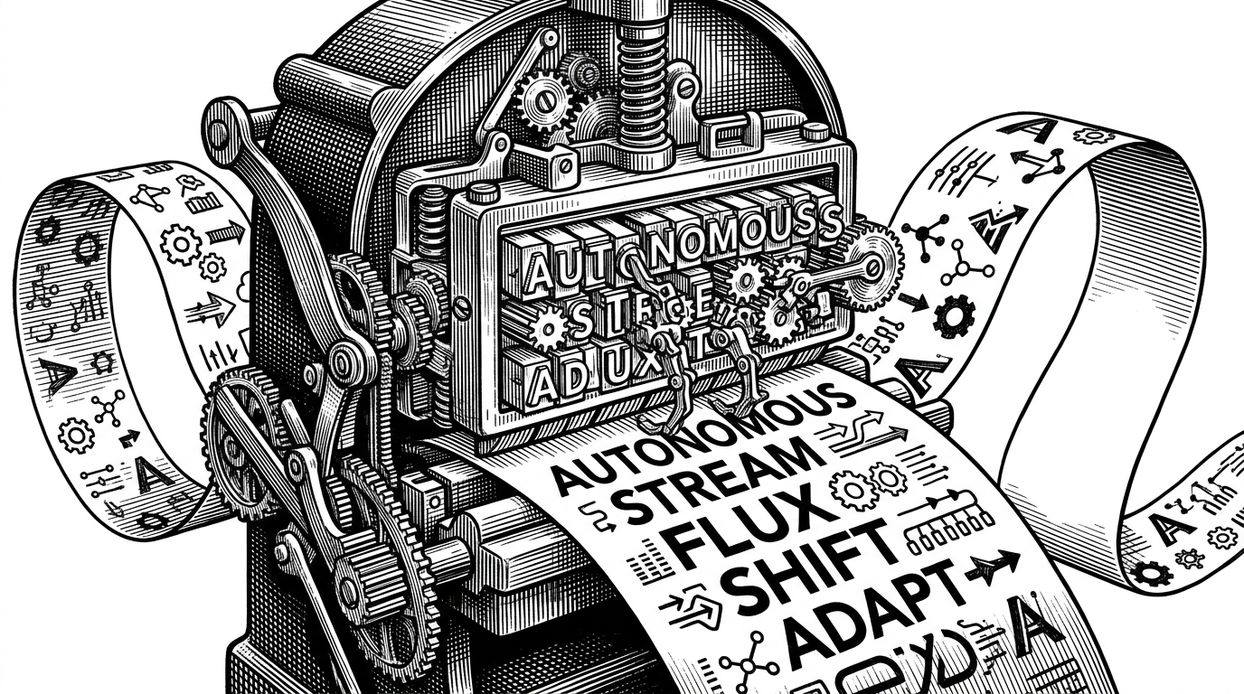 A close-up of a heavy iron printing press stamping an infinite strip of ticker tape, with metal type rearranging itself autonomously just before striking.