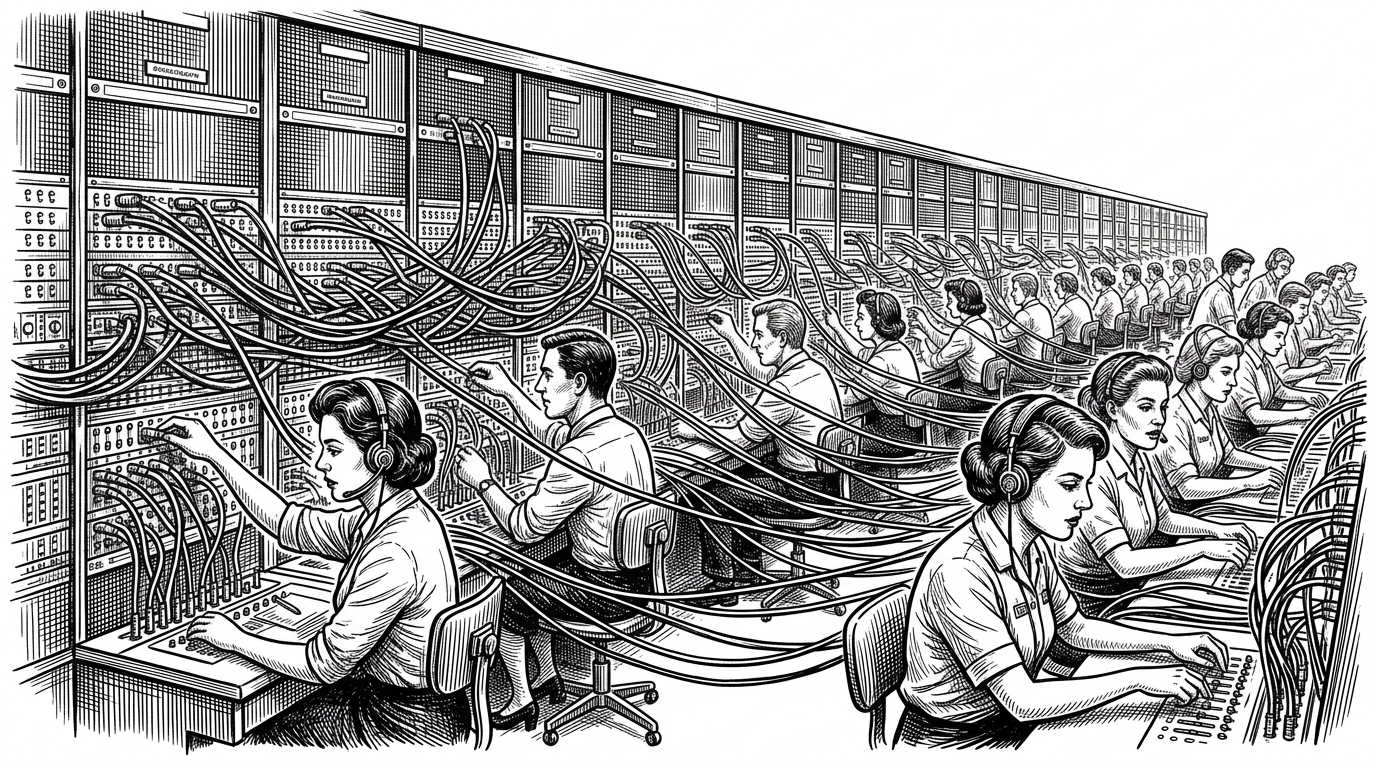 A wide shot of a massive vintage telephone switchboard with hundreds of cables plugged in simultaneously, blurring with motion to represent high-speed parallel network requests.
