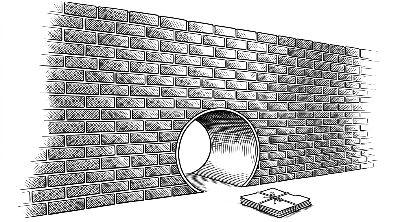 A smooth circular tunnel bored cleanly through a towering brick wall, with a single paper file waiting on the other side.