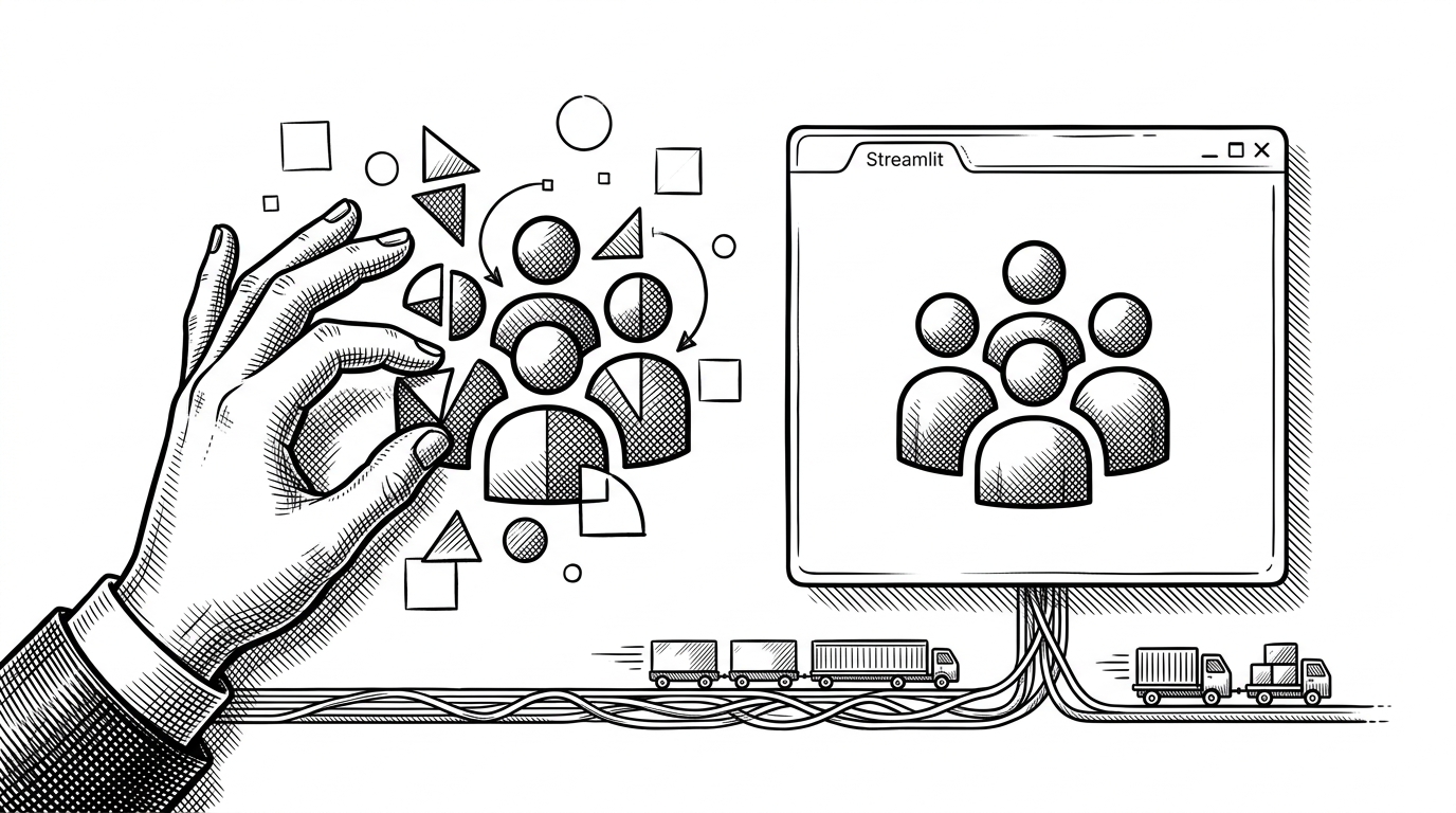 A close-up of a lightweight Streamlit interface consuming a team logo assembled from geometric SVG pieces. The editor-like hand constructing the icon sits beside a live app window, showing that the visual system is generated in code rather than shipped as static artwork.