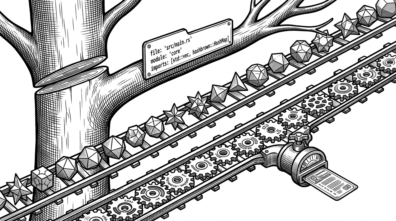 A close-up of a syntax tree branch where one function is cut cleanly at its boundary and tagged with metadata. Two parallel retrieval paths run beneath it, one semantic and one keyword-based, before meeting at a fusion gate that emits a single ranked result.