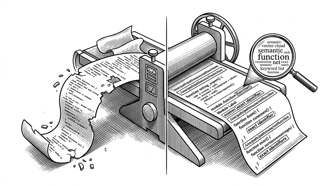 A wide editorial scene of source code entering a search machine and leaving as structured retrieval units. The left side shows raw code fragmented into broken chunks, while the right side shows function-sized blocks with file headers, module labels, and matching identifiers converging on one result.
