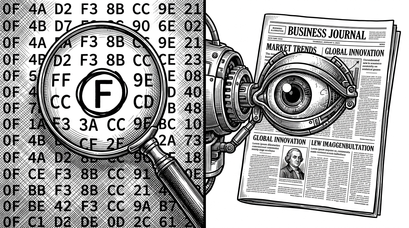 A split composition showing a magnifying glass over hexadecimal code on the left, and a robotic eye scanning a newspaper on the right.