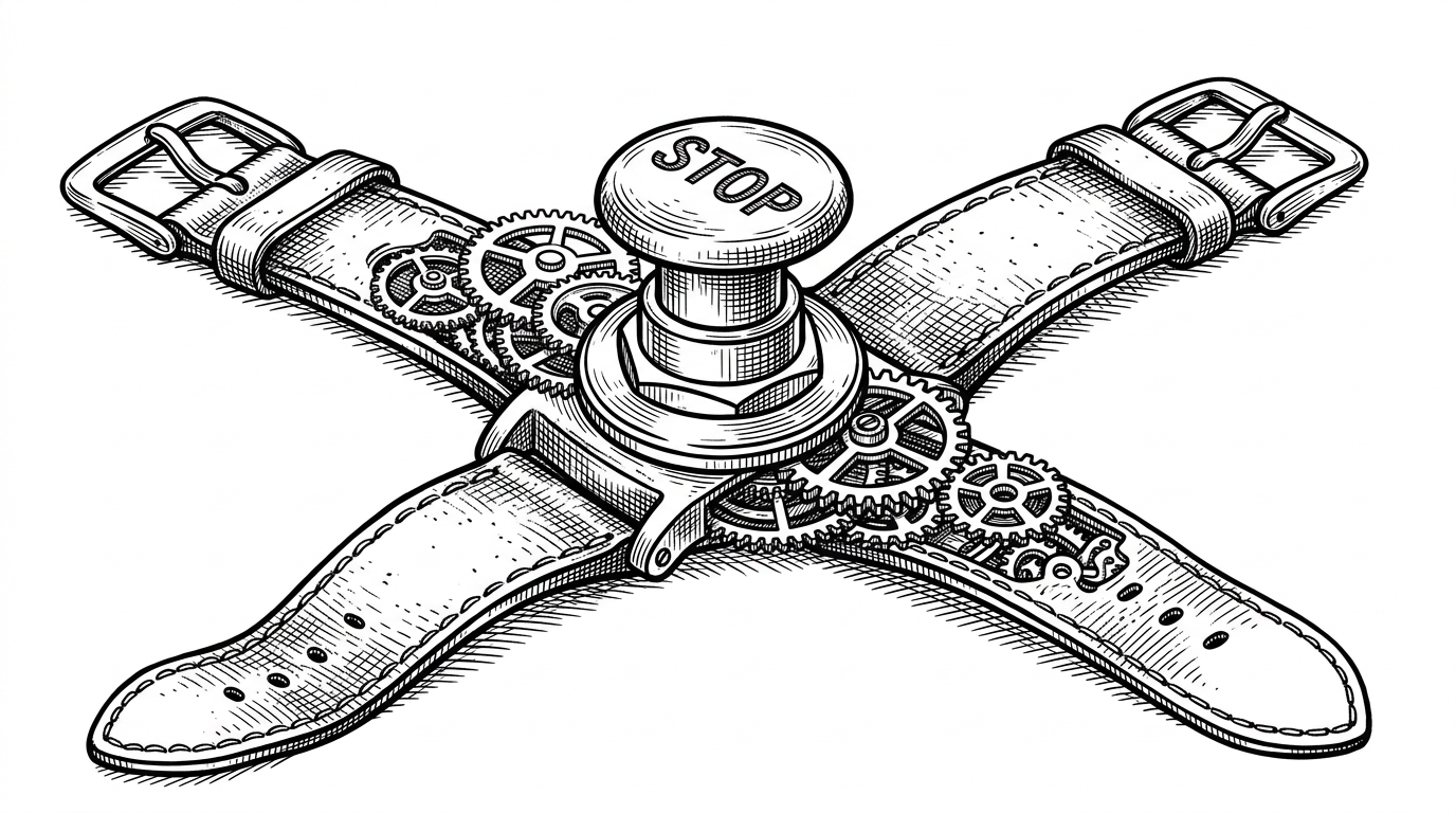 A classic heavy-duty industrial Stop button mounted on a leather watch strap, surrounded by fine clockwork gears, representing a physical safety interlock.