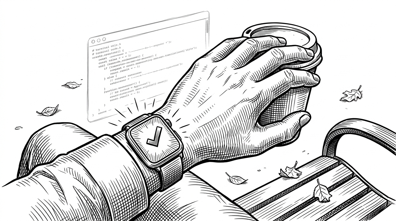 A human hand holding a coffee cup in a park, while the wrist glows with a small, sharp Approve button. In the background, a ghostly terminal window executes code.