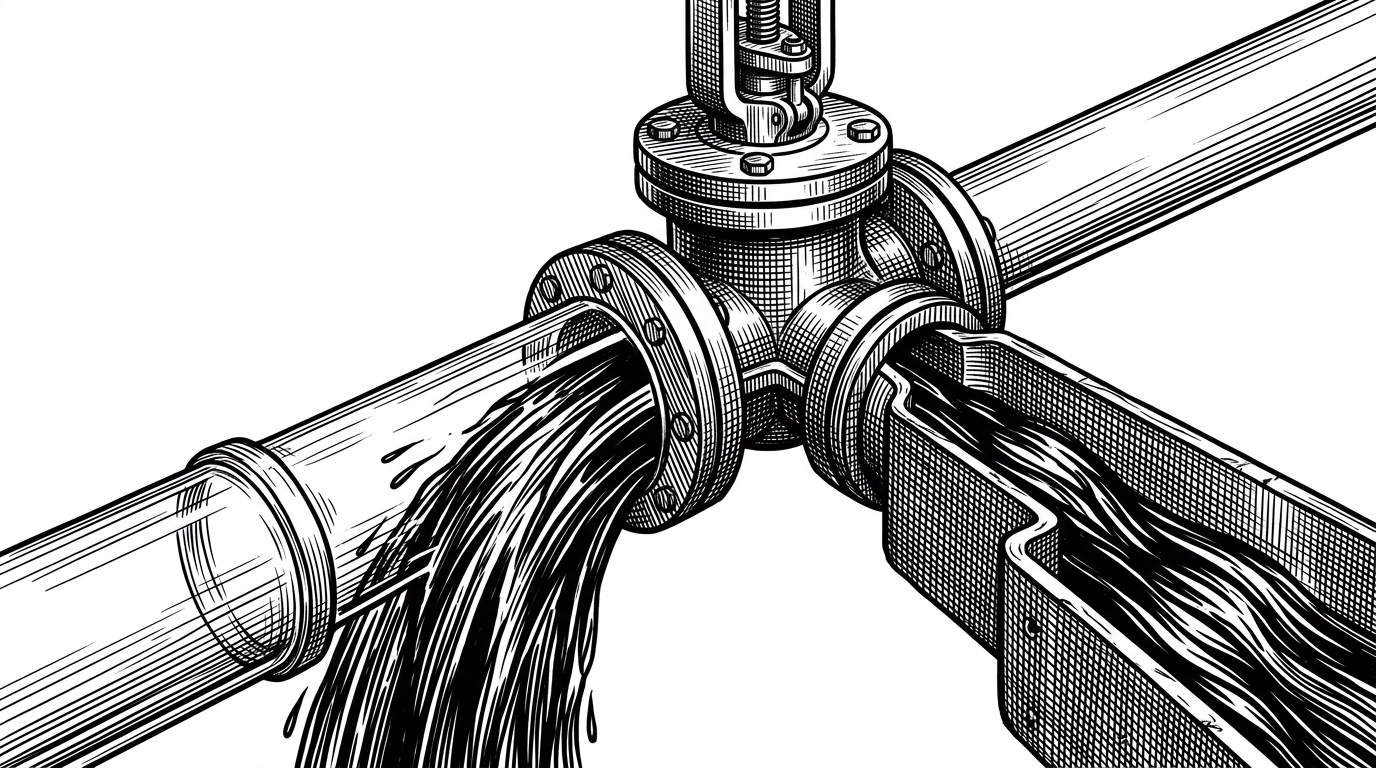 A close-up of a heavy industrial steel pressure valve attached to a fragile glass pipe, actively diverting a massive turbulent flow of dark liquid away from the glass into a secondary iron channel.