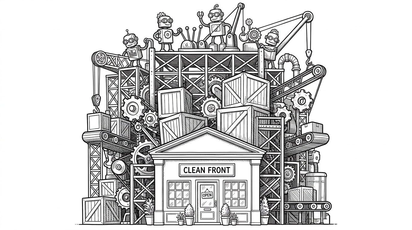 A pristine minimalist storefront facade hiding a massive tangled warehouse of heavy industrial scaffolding and gears. This illustrates the simple 3-page frontend powered by a massive vendor directory.